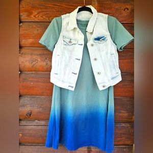 LOT of 2 Green/Blue Ombre Soft Dress w/ Vanity Distressed Denim White Wash Vest
